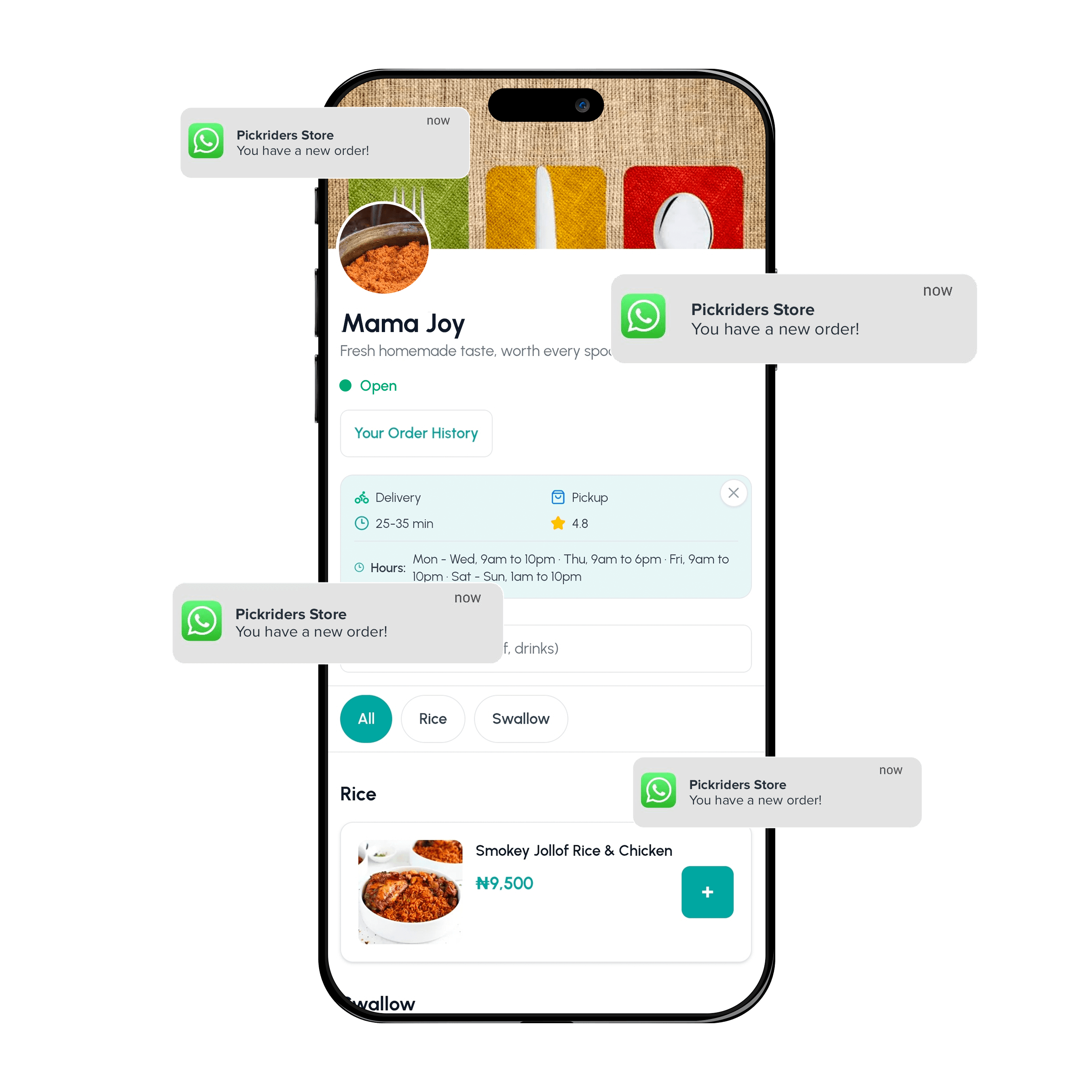 A Pickriders Store on WhatsApp with live order notifications